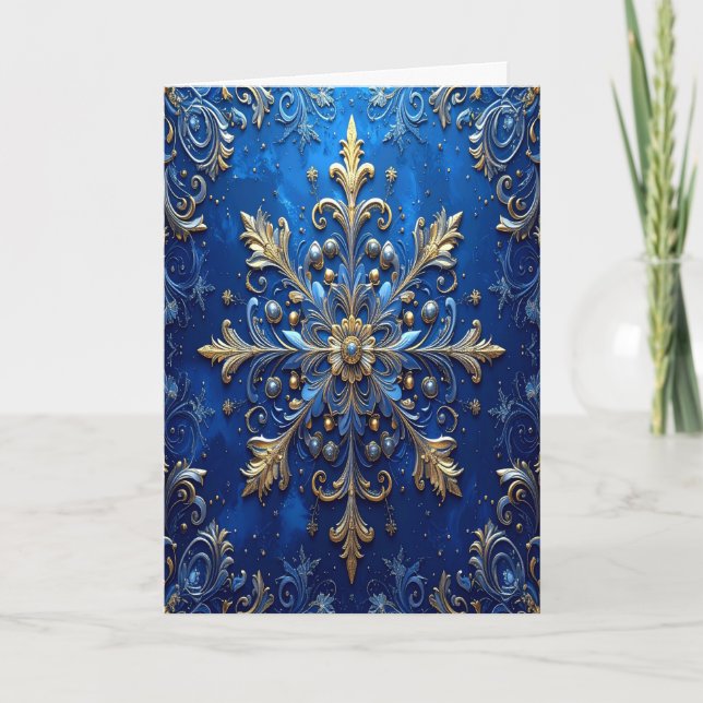 Cartão Blue Gold Decorative Holiday Card (Frente)