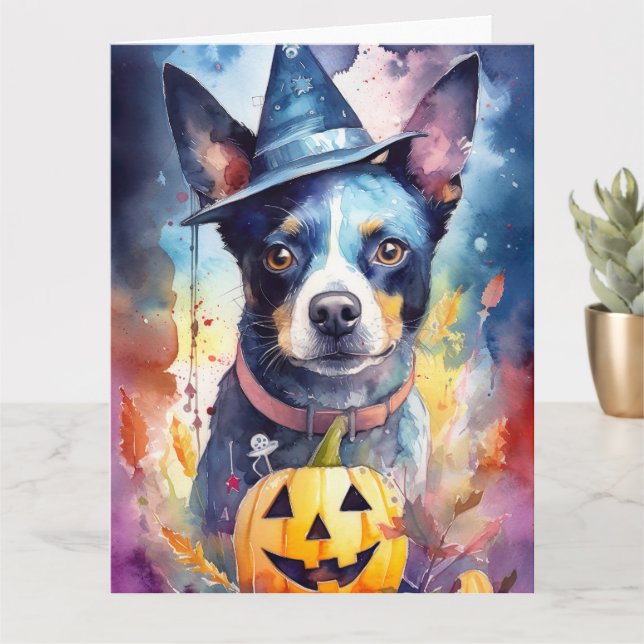 Cartão Blue Heeler de Halloween com Abóboras Assustadoras (Planta pequena)