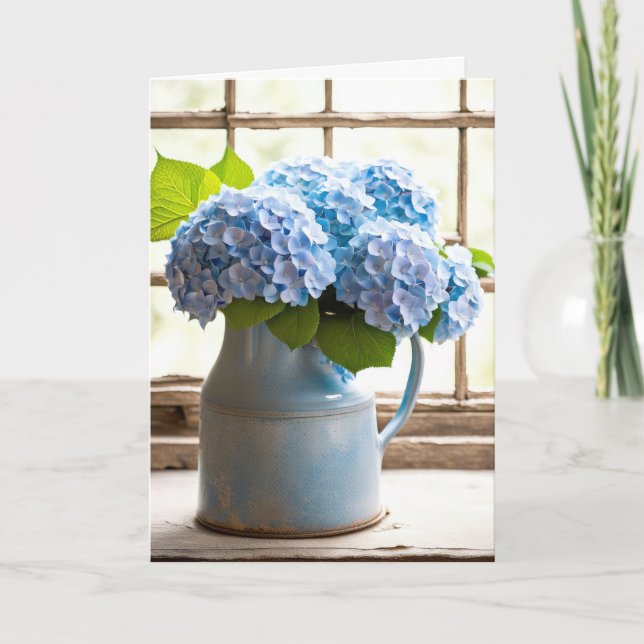 Cartão Blue Hydrangea Anniversary Bouquet In Window (Frente)