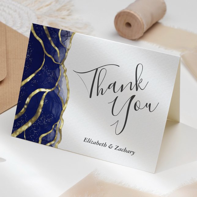 Cartão Blue Ink Gold Wedding Thank You Card (Criador carregado)