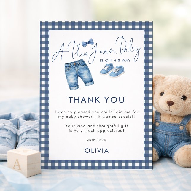 Cartão Blue Jean Gingham Thank You Boy Baby Shower  (Criador carregado)