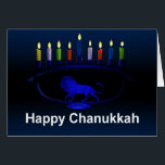 Cartão Blue Lion Menorah<br><div class="desc">Uma menorah Chanukkah azul,  com um tema de leão,  com velas acesas. Adicione seu próprio texto.</div>