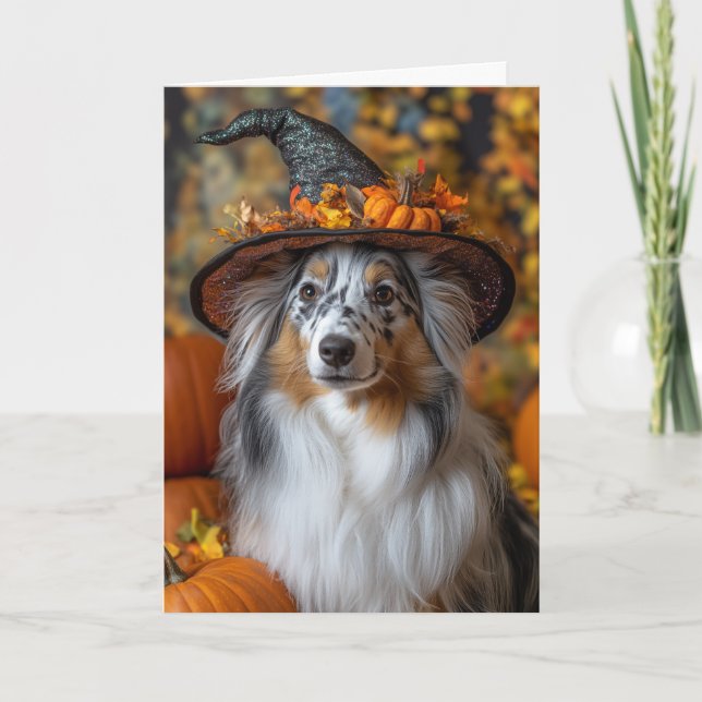 Cartão Blue Merle Sheltie Dia das Bruxas (Frente)