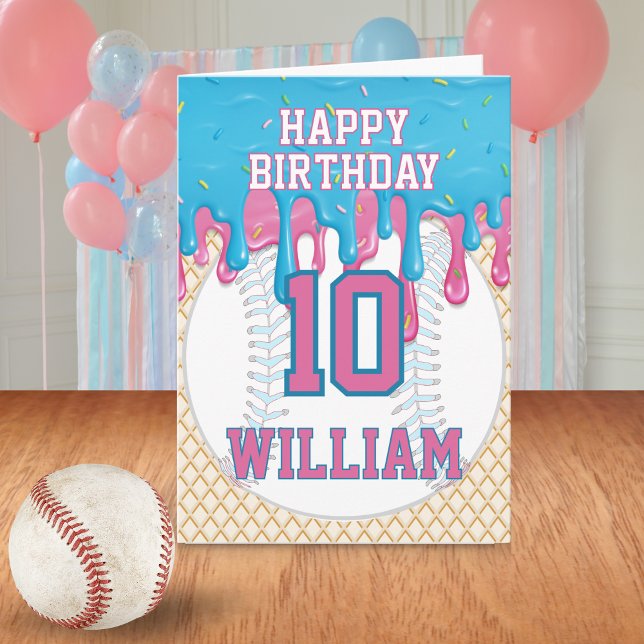 Cartão Blue Pink Baseball Drip Any Age Birthday (Pink Blue Baseball Drip Birthday Greeting Card
)