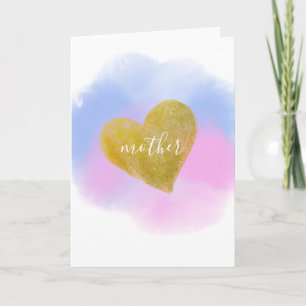 Cartão Blue Pink Watercolor Gold Heart Mother Mum