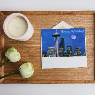 Cartão Blue Seattle Skyline Happy Birday