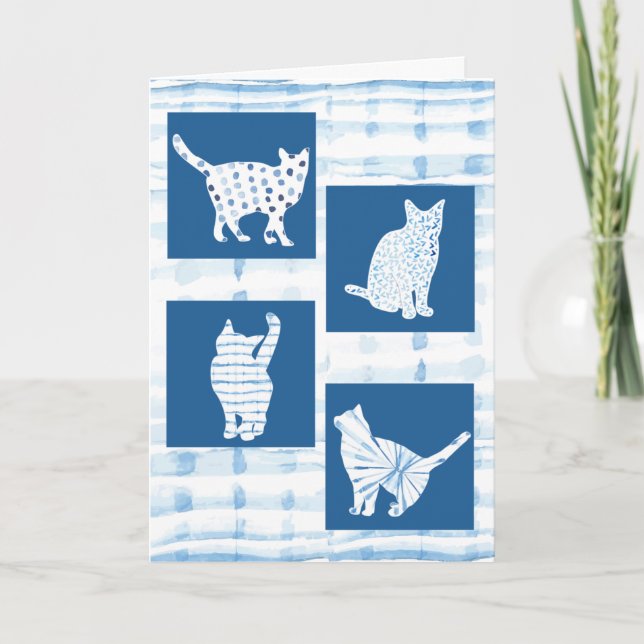 Cartão Blue Shibori Cat Silhouettes Vazio Pensando em voc (Frente)