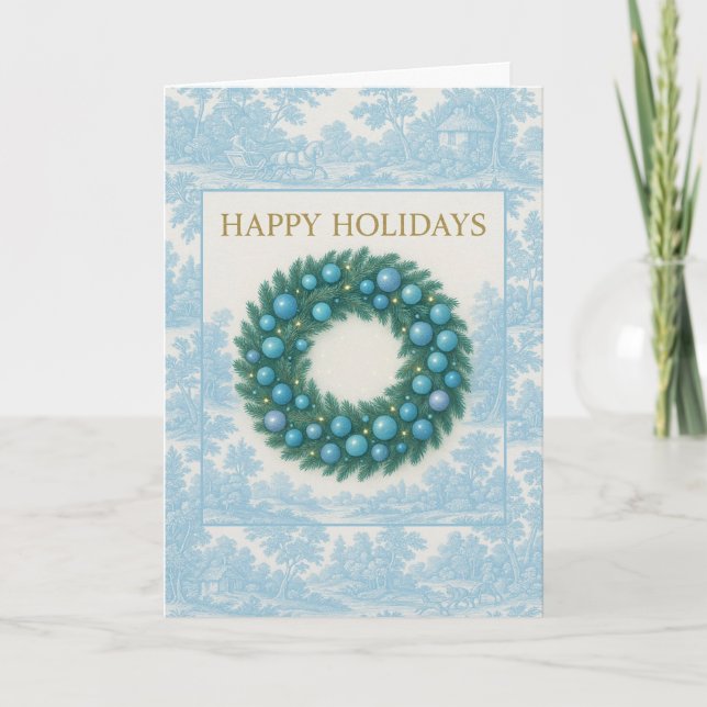 Cartão Blue Toile Holiday Card with Winter Wreath (Frente)