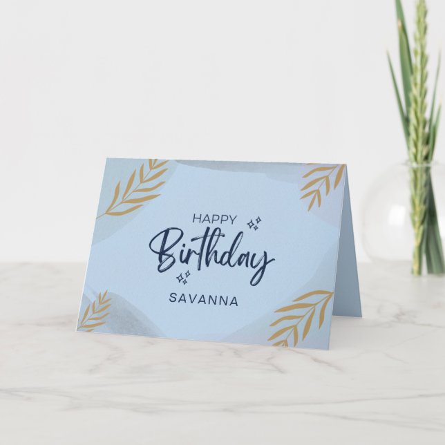 Cartão Blue Watercolor Chic Happy Birthday Nome Personali (Frente)