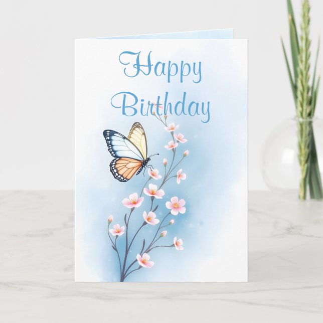Cartão Blue Watercolor Fllower Butterfly Feliz Aniversári (Frente)