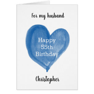 Cartão Blue Watercolor Heart 55th Birthday