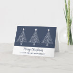 Cartão Blue White Trees Son in Law Felry Christmas<br><div class="desc">Feliz Natal para o filho no cartão de direito,  em azul marinho moderno,  com ilustrações da árvore de natal ornamentado.</div>