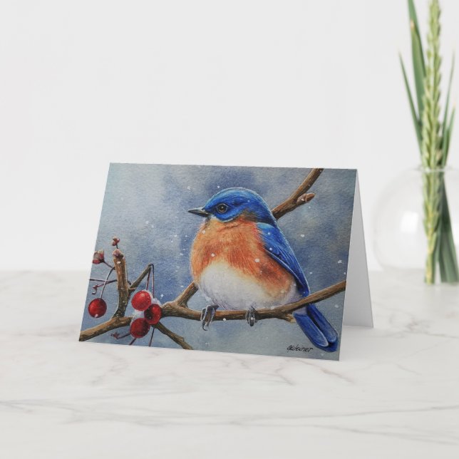Cartão Bluebird Oriental e Berries Watercolor Art (Frente)