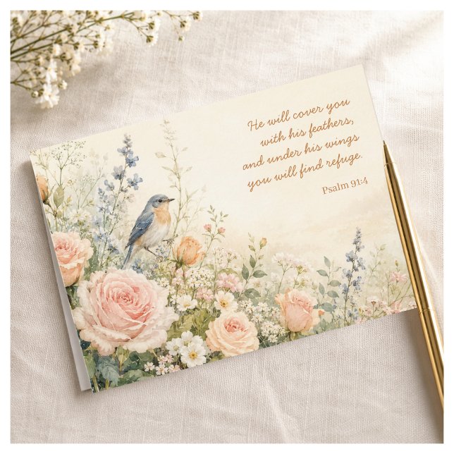 Cartão Bluebird & Roses Salmo 91:4 (Criador carregado)