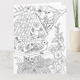 Cartão Bluebirds and Hollyhock Color-It-Yourself