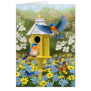 Cartão Bluebirds e azul do Birdhouse do hexágono