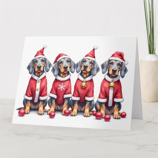 Cartão Bluetick Coonhound Christmas Dress Santa Hat (Frente)