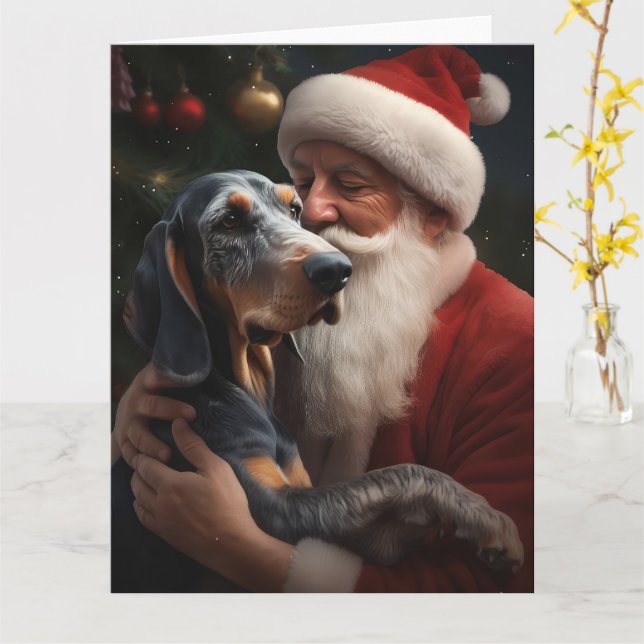 Cartão Bluetick Coonhound Com Papai Noel Natal (Flor Amarela)