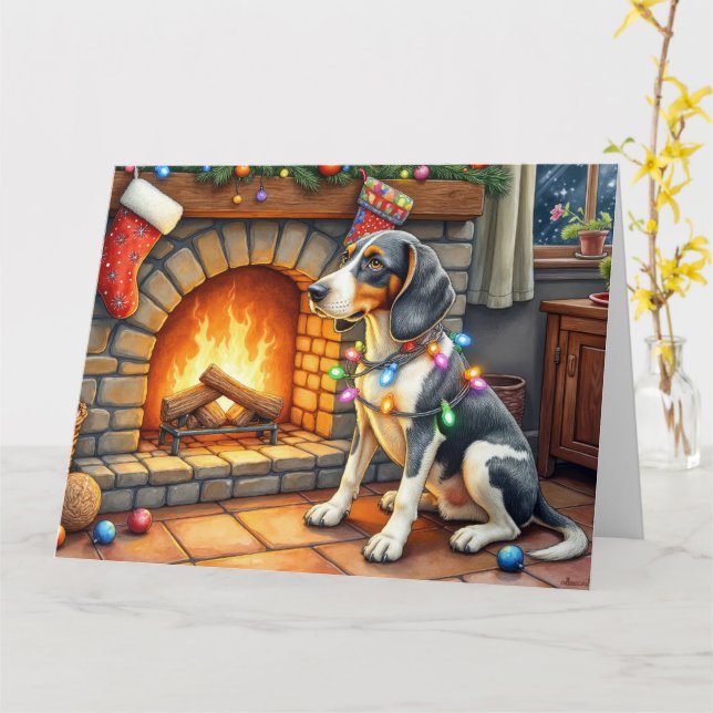 Cartão Bluetick Coonhound Fireplace with Christmas Lights (Flor Amarela)