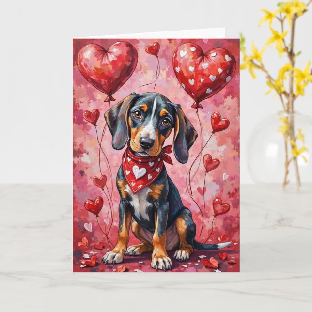 Cartão Bluetick Coonhound Valentine Dog Sitting (Flor Amarela)