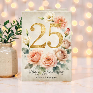Cartão Blush Floral Aquarela Vintage 25º Aniversário