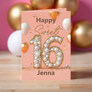 Cartão Blush Pink Sweet 16 Dourado Número de Pérolas e Ba