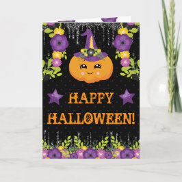 Cartão Boa Saudação Floral de Abóbora de Halloween Fofa