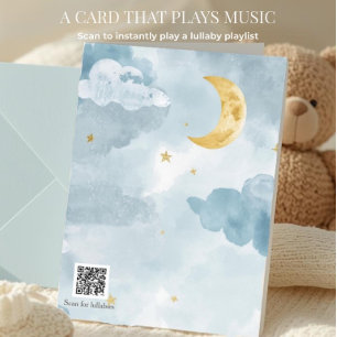 Cartão Boas-vindas Código QR Berço Aquarela Lua Baby Blue