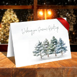 Cartão Boas-vindas da temporada Watercolor Winter<br><div class="desc">Este design apresenta um cartão de festas de Natal,  elegante folhagem,  inverno botânico,  um modelo de duas fotos,  pinheiros florestais,  uma simples floresta verde,  um estilo azul-esverdeado com aquarela,  um tema típico do país rústico,  e um cartão de saudação para caligrafia de Natal.</div>