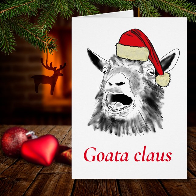 Cartão Bode velho um Claus gritando natal (Christmas screaming goat funny Goata Claus farm animal wearing a Santa hat drawing holiday card)