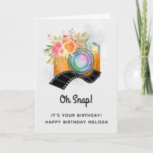 Cartão Boho Camera & Florals Watercolor Birthday