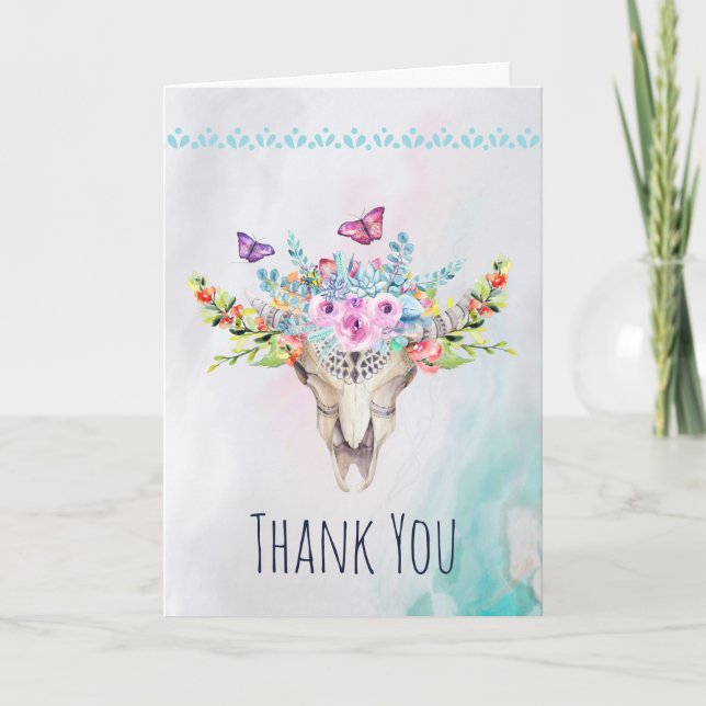Cartão Boho Caveira com Borboletas e Flores Obrigado (Frente)