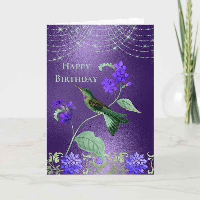 Cartão Boho Green Purple Hummingbird Floral Birday (Frente)