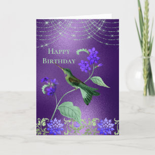Cartão Boho Green Purple Hummingbird Floral Birday