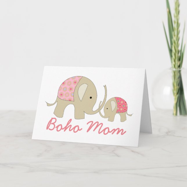 Cartão Boho Mãe, Elefante Rosa (Frente)