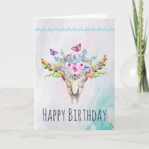 Cartão Boho Skull with Butterflies and Flowers Birthday