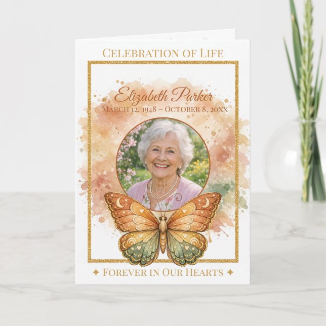 Cartão Boho Watercolor Butterfly Funeral Program Template (Frente)