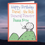 Cartão Boi Design parabéns a um diretor funerário<br><div class="desc">Feliz aniversário para um diretor do Funeral. Cartoon engraçado de uma ovelha no topo de uma colina. A ovelha diz "O melhor baaa nenhum". Adicionar uma mensagem do remetente.</div>