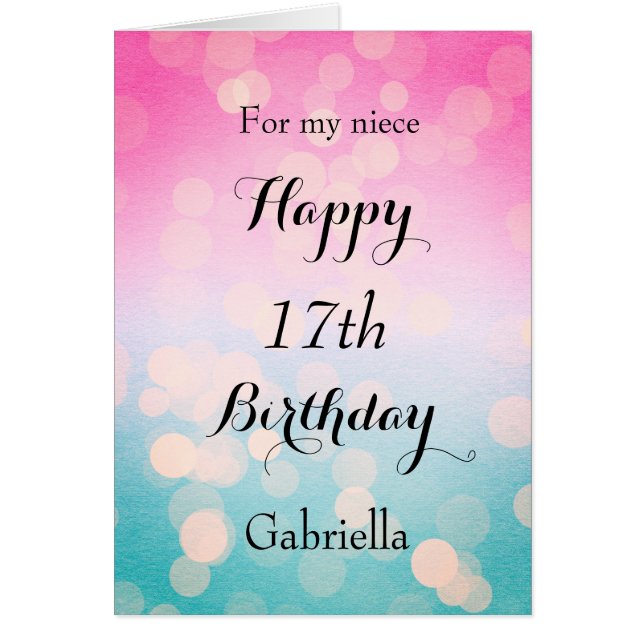 Cartão Bokeh Niece, cor-de-rosa, 17º aniversário (Frente)