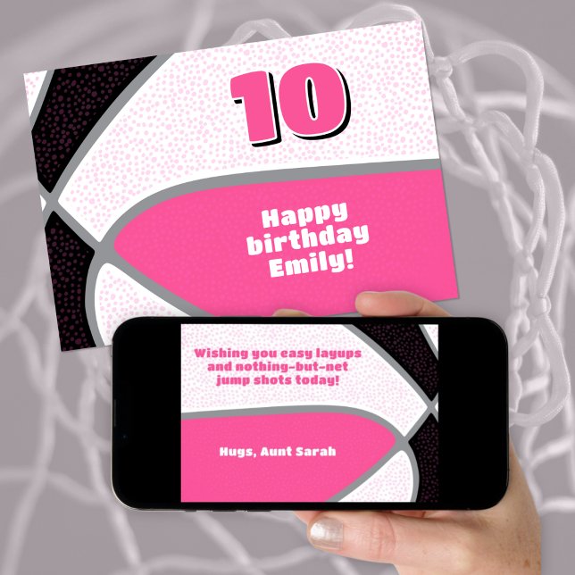 Cartão bola de basquetebol feliz aniversário rosa preto (front view of greeting card as printed and back view of card as downloaded on phone)