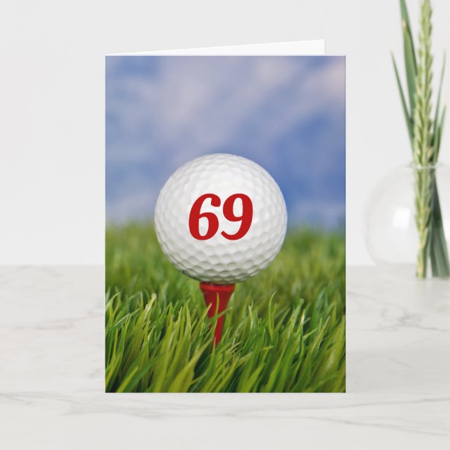 Cartão Bola de Golfe de 69º aniversário no Tee Vermelho (Frente)