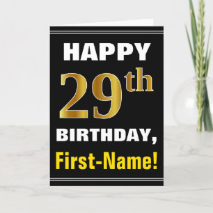 Cartão Bold, Black, Faux Gold 29th Birthday w/ Name Card