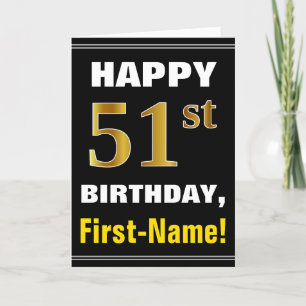 Cartão Bold, Black, Faux Gold 51st Birthday w/ Name Card