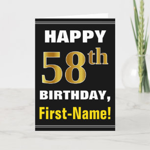 Cartão Bold, Black, Faux Gold 58th Birthday w/ Name Card