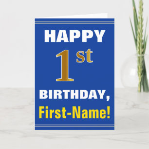 Cartão Bold, Blue, Faux Gold 1st Birthday w/ Name Card