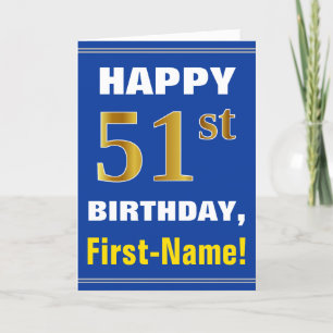 Cartão Bold, Blue, Faux Gold 51st Birthday w/ Name Card