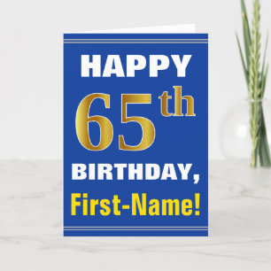 Cartão Bold, Blue, Faux Gold 65th Birthday w/ Name Card