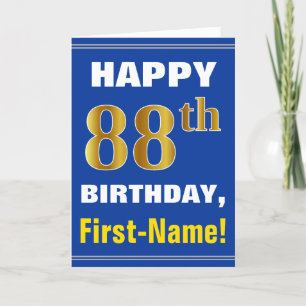 Cartão Bold, Blue, Faux Gold 88th Birthday w/ Name Card