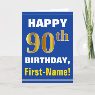 Cartão Bold, Blue, Faux Gold 90th Birthday w/ Name Card