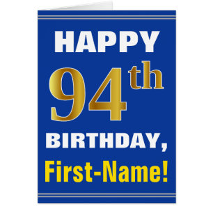 Cartão Bold, Blue, Faux Gold 94th Birthday w/ Name Card